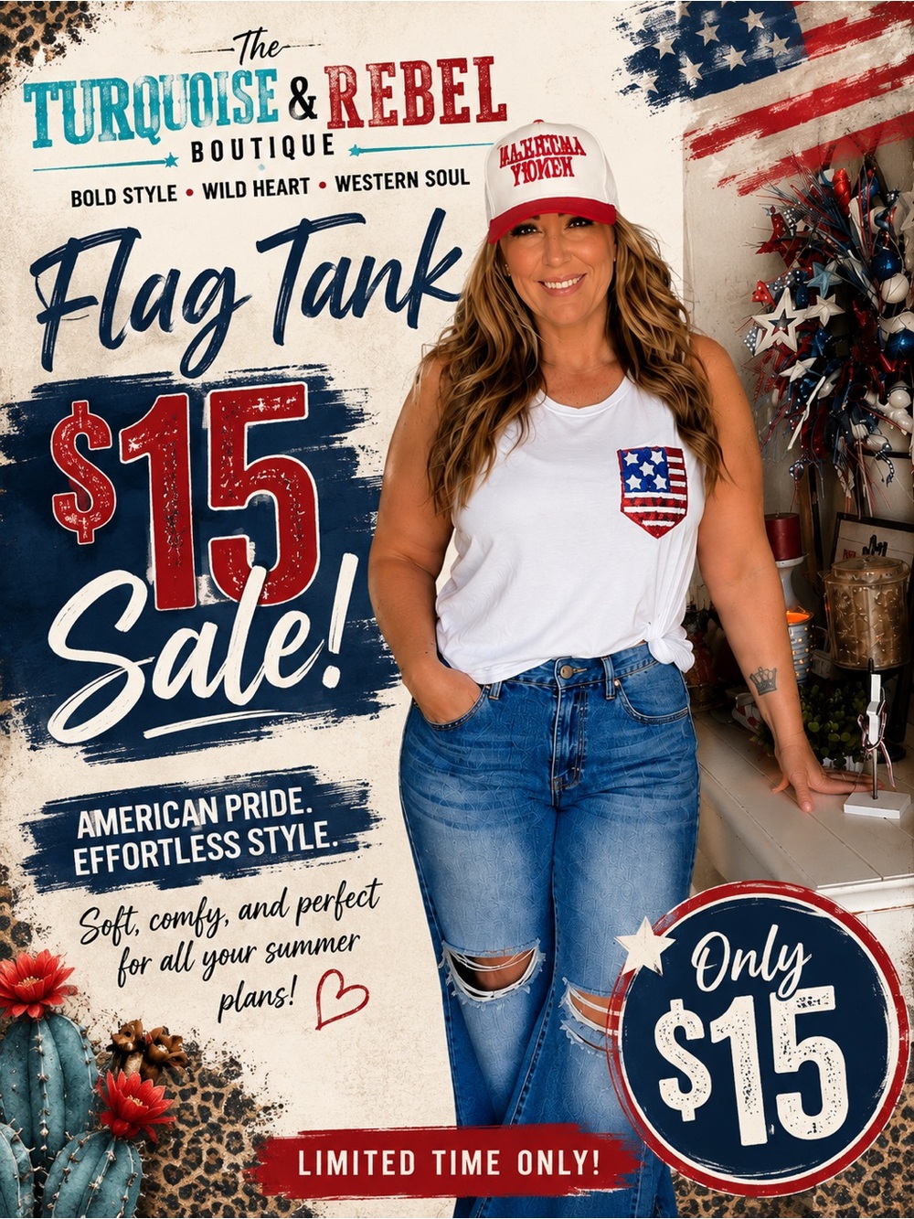 Turquoise & Rebel Boutique - White Flag Tank Top - Women's Sleeveless Tee